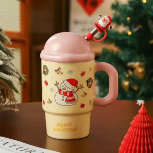 Tazza in ceramica di Natale con coperchio e cannuccia, simpatico tazza design pupazzo di neve.