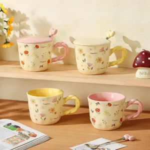 Ceramic floral coffee mug set with lid and spoon pastel cute tea cup gift home use