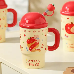 Cute ceramic apple mug with lid and straw, large capacity creative water cup for daily use.