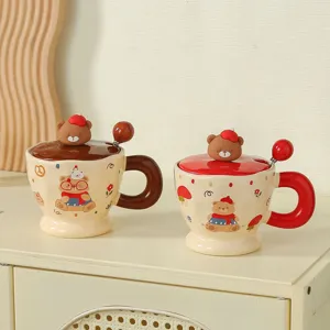 Cute ceramic coffee mug with lid and spoon, lovely cartoon bear design for daily drink use.