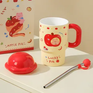 Cute apple ceramic mug with lid and straw, large capacity yellow water cup for daily use.
