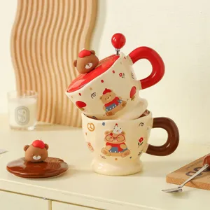 Cute ceramic bear mug with lid and spoon, cartoon coffee cup and water cup for gift.