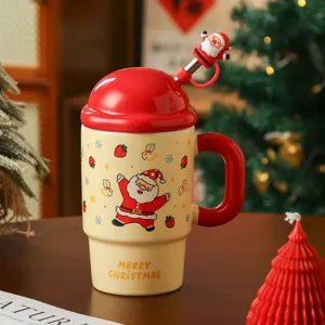Tazza in ceramica di Natale con coperchio e paglia, simpatico bicchiere Babbo Natale.