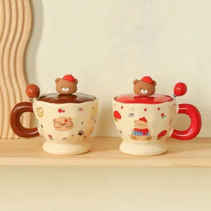 Cute ceramic coffee mug set with 3D bear lid and spoon, perfect for couples and daily drink.