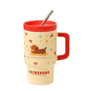 Tazza in ceramica con coperchio e cannuccia, grande tazza da caffè per uso quotidiano e regalo.