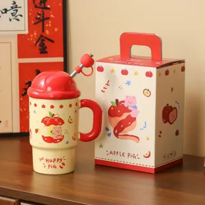 Creative apple ceramic mug with lid and straw, cute cartoon design with gift box for daily use.