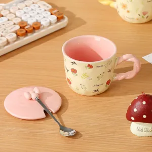 Fresh ceramic coffee mug with lid and spoon cute floral pattern desktop drinkware cup