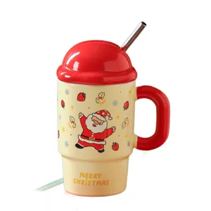 Tazza in ceramica di Natale con coperchio e cannuccia simpatico bicchiere Babbo Natale