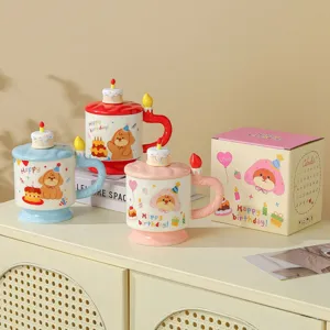Süße Keramik Kaffeetasse mit Deckel und Kerzengriff, kreative Geburtstagsgeschenk Tasse Set.