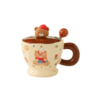 Cute ceramic coffee mug with lid and spoon, adorable cartoon bear design for daily use