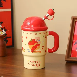 Creative ceramic mug with lid and straw, cute apple pig pattern, large capacity water cup.