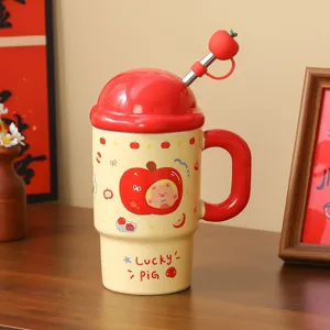 Cute apple ceramic mug with lid and straw, creative cartoon pig water cup for daily home office use.