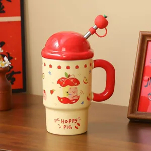 Creative apple ceramic mug with lid and straw, large capacity cute cartoon daily drink cup.