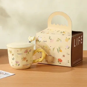 Chic ceramic coffee mug with lid spoon and gift box cute floral design home office drinkware.