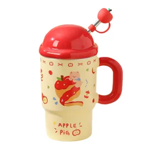 Creative ceramic mug with red lid and apple spoon, cute cartoon pig design, large capacity.