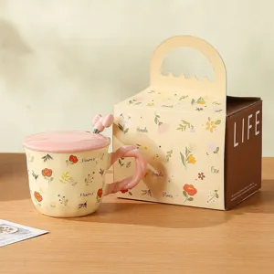 Ceramic Coffee Mug With Lid And Spoon Cute Floral Pattern Tea Cup With Gift Box For Home Office Drinkware Gift