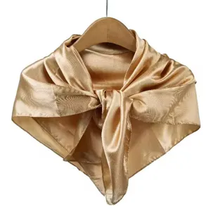 Elegant solid color gold satin square scarf, 90cm large imitation silk shawl for women.