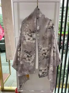Chinese style floral printed silk scarf elegant grey long shawl for women vintage accessory