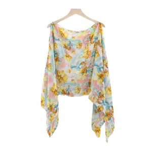 Summer floral print sun protection chiffon shawl with elegant beaded neckline details