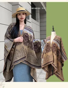 Chal capa abrigo grueso estilo étnico, elegante patrón de cachemira invierno.