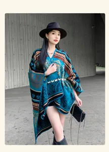 Poncho capa de punto étnico para mujer, abrigo de chal cálido y grueso para viajes.