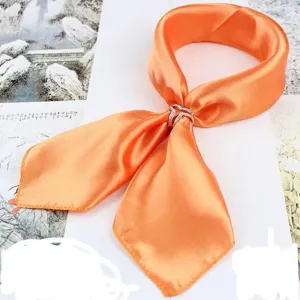 Elegant solid orange silk square scarf with crystal ring buckle for women summer daily wear.