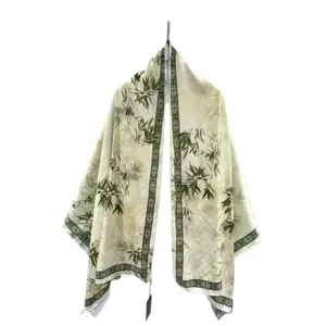 Elegant Chinese style bamboo leaf print long silk scarf fashion floral lightweight shawl