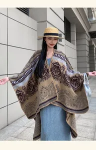 Cómodo chal de capa de punto étnico, poncho de invierno grueso y cálido para mujer.