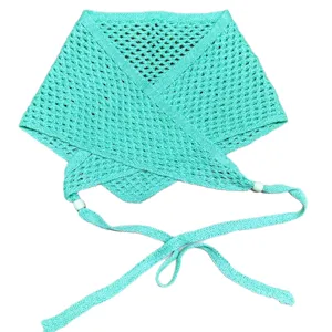 Vintage turquoise hollow knit triangle scarf with decorative beads and ties for versatile styling