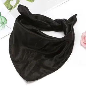 Solid color black silk scarf for women, thin square design, elegant summer neckwear detail.