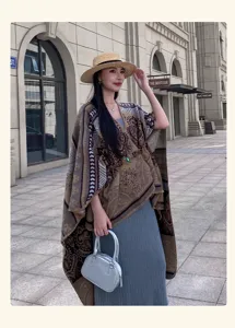Estilo étnico capa dividida chal ropa de exterior viaje poncho cálido abrigo grueso mujer