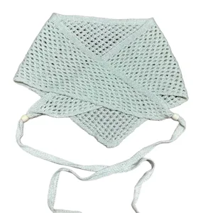Green knitted hollow triangle scarf vintage crochet shawl stylish beaded neck tie accessory