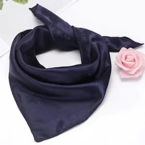 Dark blue silk square scarf women thin satin neckerchief elegant vintage hair accessory chic.