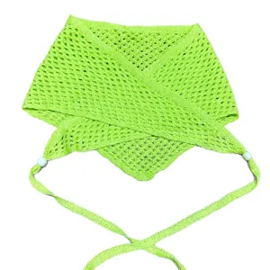 Bright green knit crochet triangular scarf with beads and ties, versatile fashion accessory.