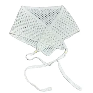 White hollow knitted triangle scarf, vintage crochet shawl with beaded ties for women stylish.