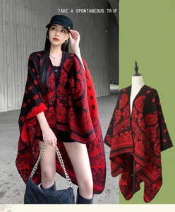 Ethnischer Paisley Strick Umhang, stilvoller schwarz-roter Poncho Schal Damen Reisekleidung Mantel.