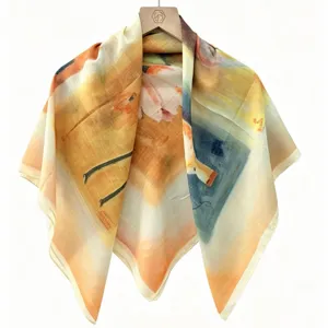 Vintage artistic oil painting print square silk scarf elegant women fashion neckerchief