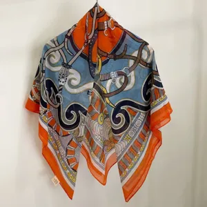 Elegant large square scarf with classic equestrian belt print, lightweight and stylish shawl.