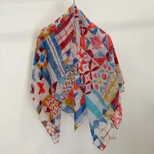 Colorful abstract geometric print large square scarf, lightweight thin summer fashion shawl.