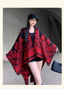 Damen ethnisch Kaschmir Strick Umhang warme Winter Schale schwarz rot stilvolle Poncho Schal