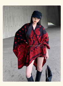 Damen Winter Strick Cape Schal, schwarz rot Kaschmir Boho Poncho warme Decke.