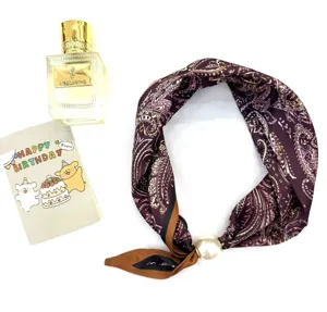 Foulard de soie long pour femme mode avec boucle aimantée perle impression vintage décoration