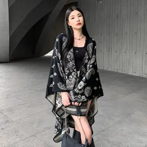 Damen Paisley Muster Strick Umhang Schal Winter warm ethnisch Stil Cape Oberbekleidung
