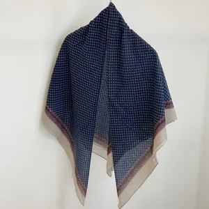 Vintage blue patterned square scarf for women, stylish lightweight thin shawl and neckerchief.