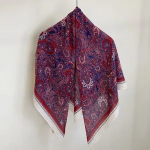 Vintage red and blue paisley print square scarf, elegant lightweight large shawl.