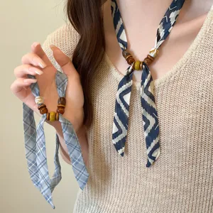 Blue beaded small silk scarf necklace adjustable necktie fashion accessory for women daily wear