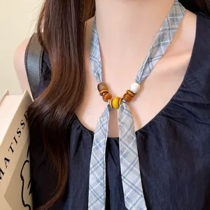 Blue plaid ribbon necklace with colorful wooden beads, stylish adjustable choker scarf for women.