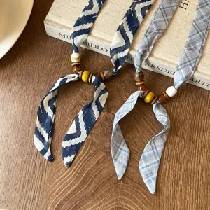 Blue beaded ribbon necklace women stylish silk scarf aesthetic adjustable jewelry accessories