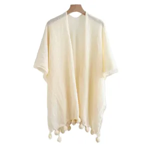 Beige gebreide open voorkant cape sjaal cardigan, elegante opengewerkte kwastjes mantel.