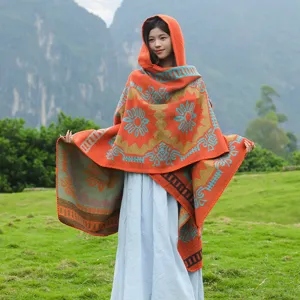 Retro Ethnic Style Hooded Shawl Women's Winter Warm Cloak Outdoor Travel Photo Cape Poncho